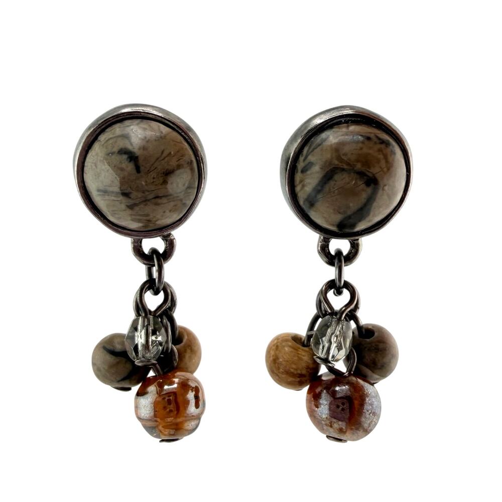 Boho Jasper Amber Glass Gunmetal Bezel Cabochon Dangle Beads 1" Earrings